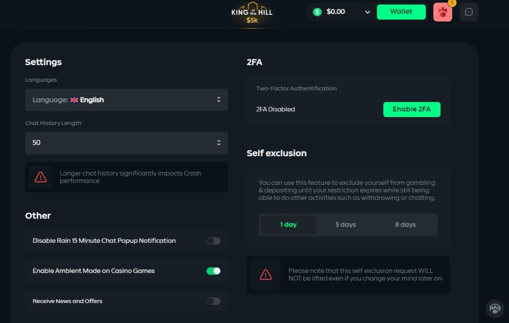 Screenshot showing account settings in Gamdom