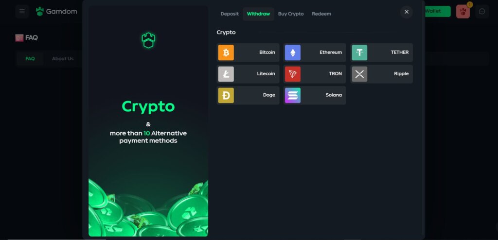 Screenshot showing the withdrawal options at Gamdom