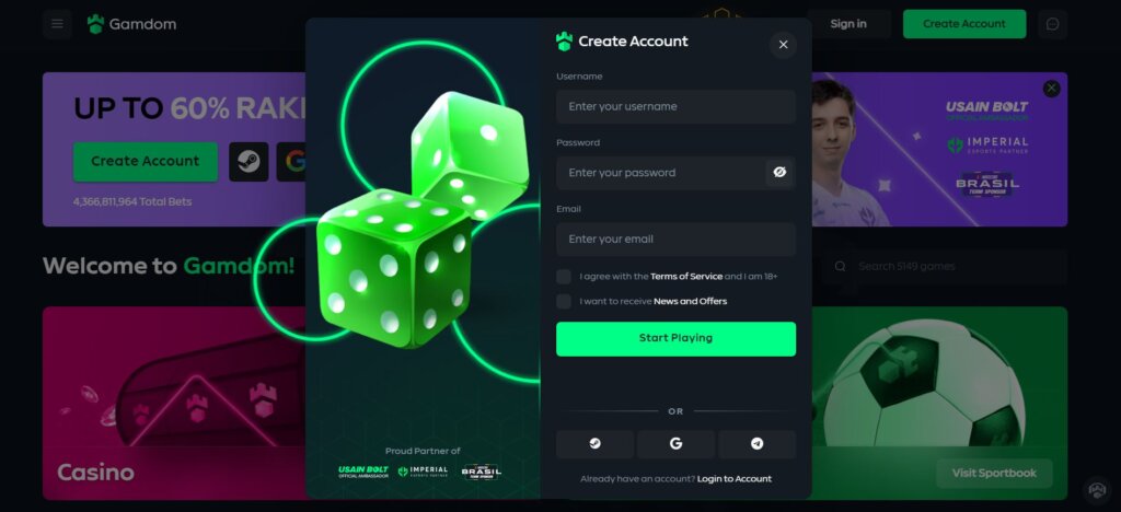 A screenshot of the Gamdom sign up process