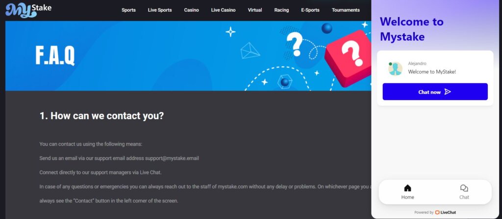 Screenshot showing customer support at MyStake