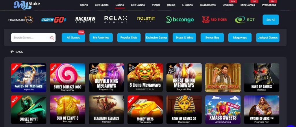 A screenshot showing the MyStake slots lobby