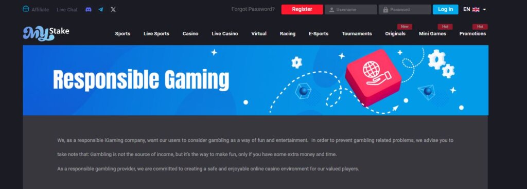 MyStake responsible gambling screenshot