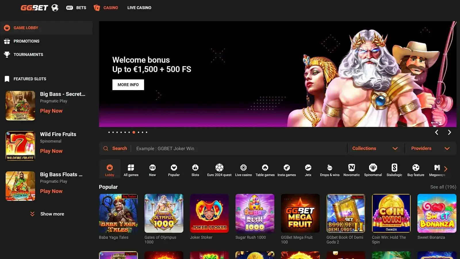 ggbet casino lobby bonus area