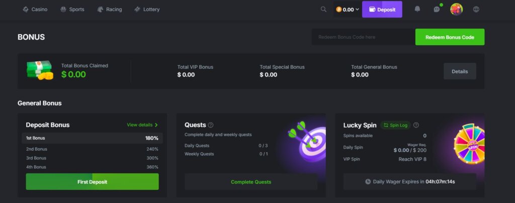 bc.game screenshot inputting a bonus code