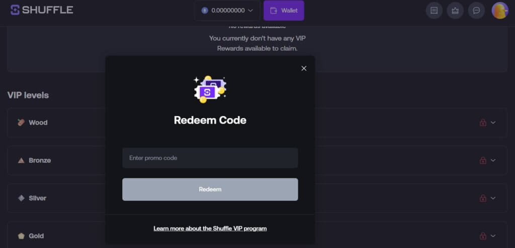 Shuffle casino promo code screenshot