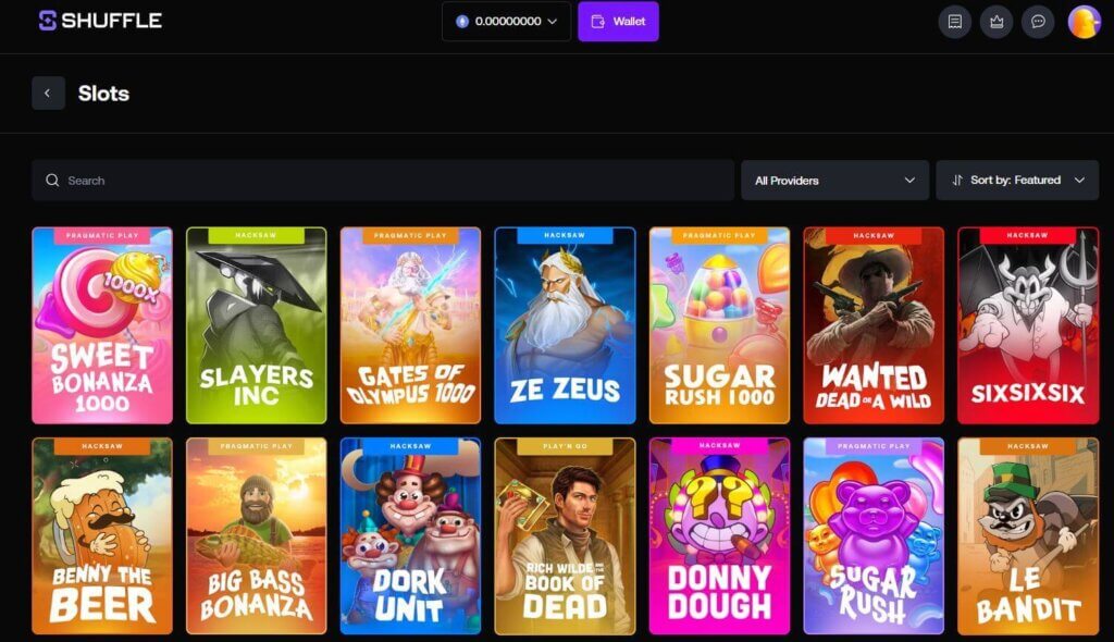 Screenshot displaying the Shuffle slots lobby