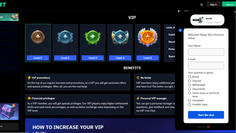 beonbet customer service screenshot