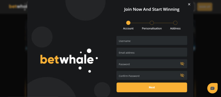 BetWhale registration form