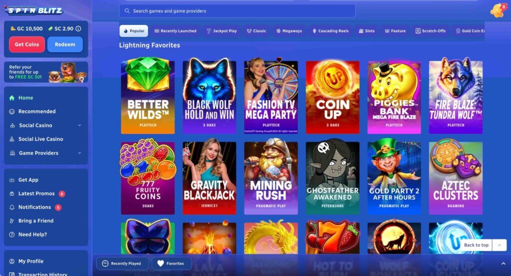 SpinBlitz games lobby