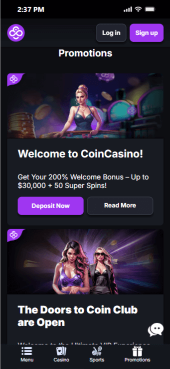 Promotions at CoinCasino, a no KYC casino site
