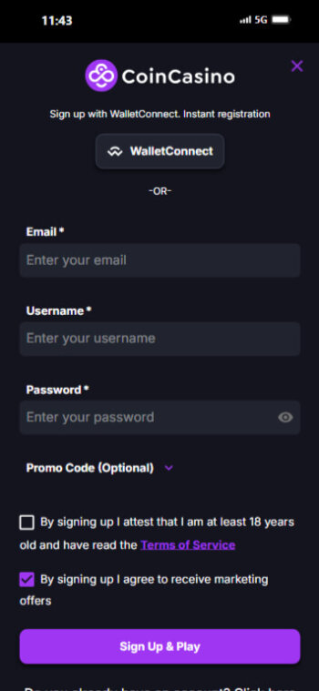 CoinCasino - register an account