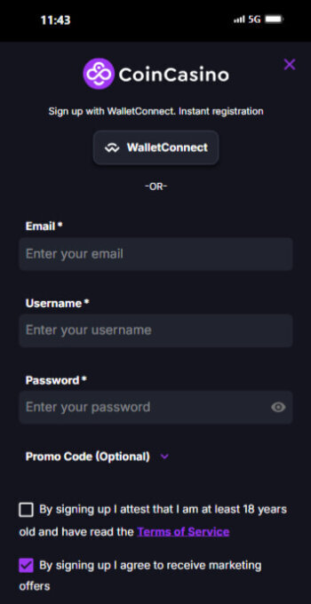 Register an account at CoinCasino