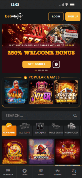 A mobile screenshot of BetWhale, our best payout online casino 
