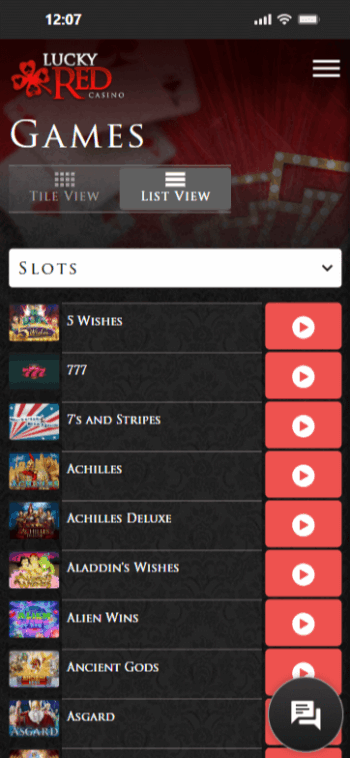 A look at the mobile homepage of Lucky Red casino