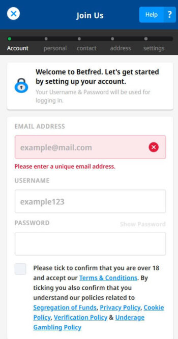 Create an account at Betfred