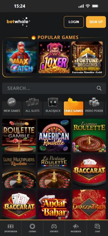 A mobile screenshot of BetWhale's popular table games