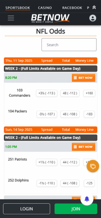 A preview of BetNow's main NFL page to show its mobile site