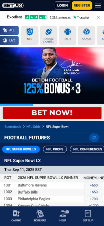 A mobile view of Super Bowl odds at BetUS