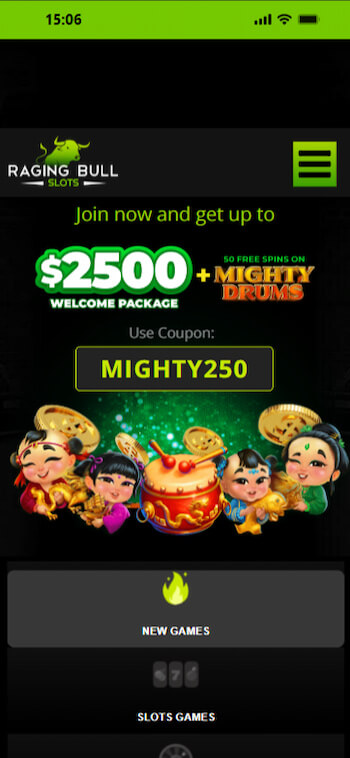 A mobile preview of Raging Bull's casino site