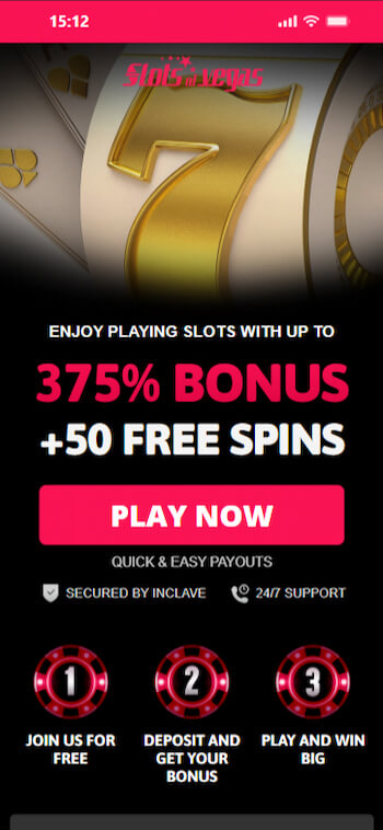Slots of Vegas' landing page displaying its welcome promo