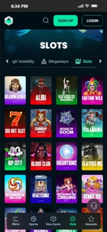 A preview of the slots page at Mega Dice