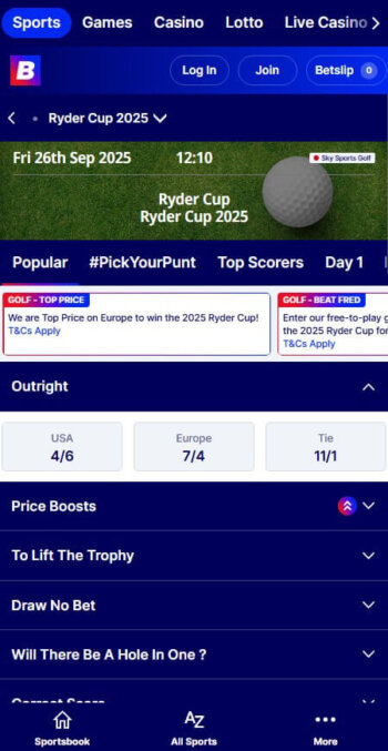 non-Gamstop betting on golf at Betfred