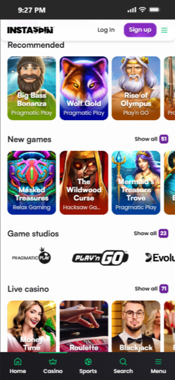 a mobile preview of the casino games at InstaSpin - one of the best SA casino sites