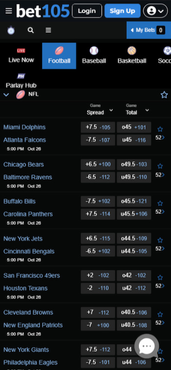 a mobile screenshot of the main NFL betting page at Bet105