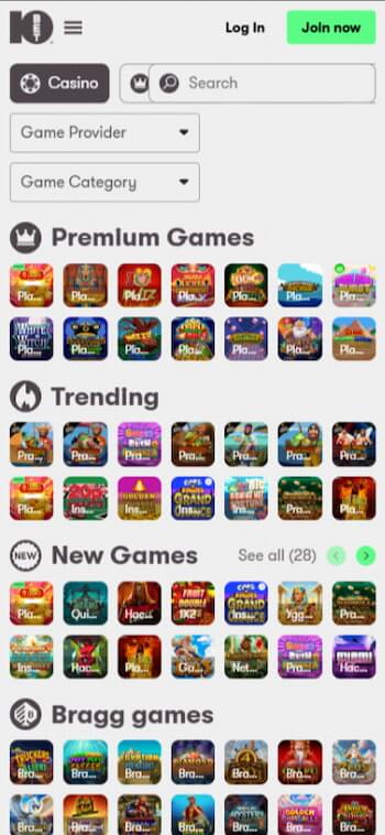 A look at the main games page of 10Bet, one of the best casinos not on GamStop