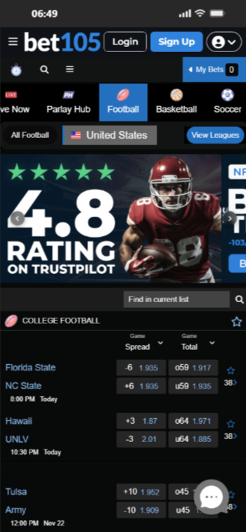 Bet105 - one of the best college football betting sites with best odds