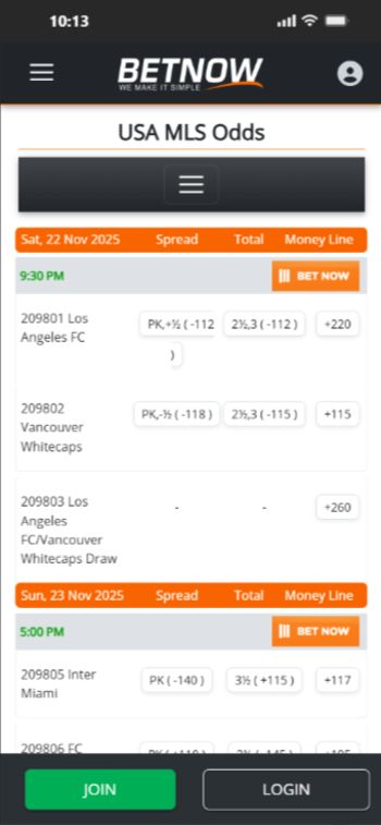 BetNow is top MLS betting sites for prop bets