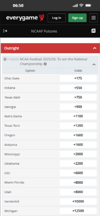 Everygame - one of the most trusted college football betting sites with cash out