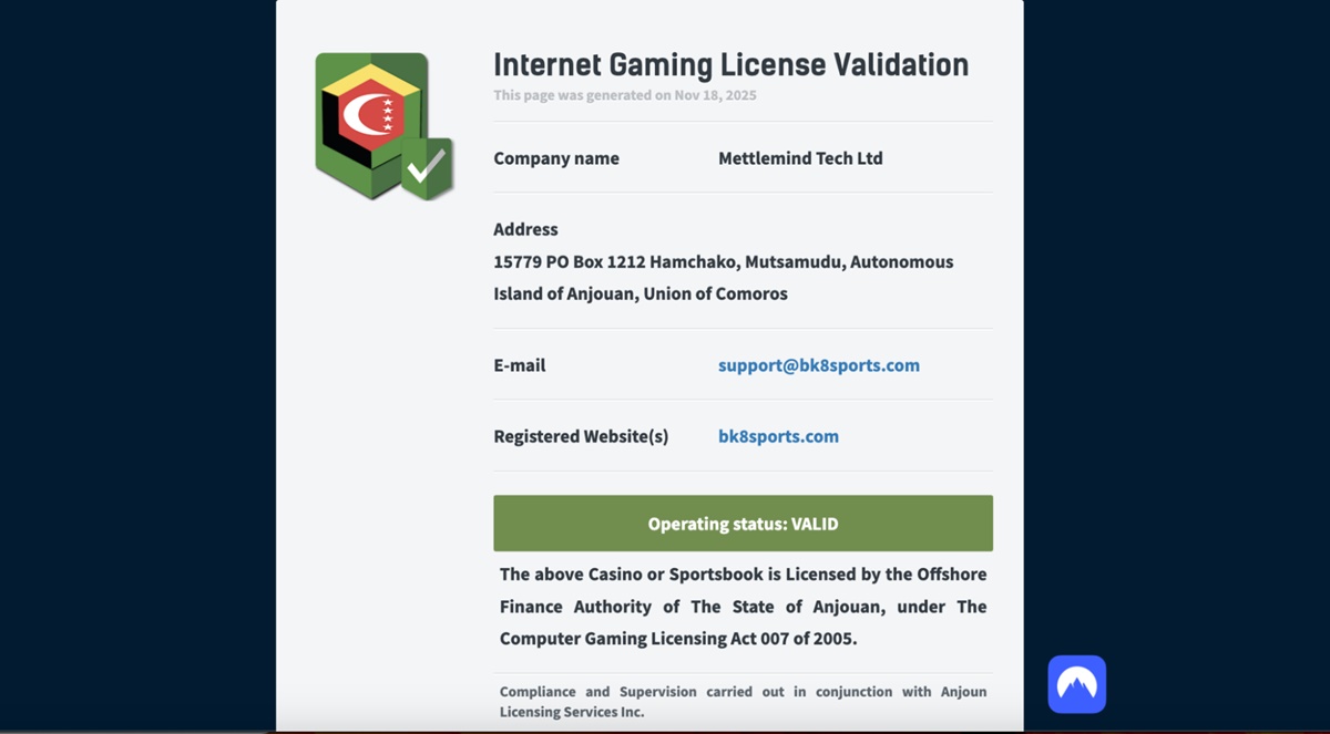 Giấy phép hoạt động hợp pháp còn hiệu lực của BK8