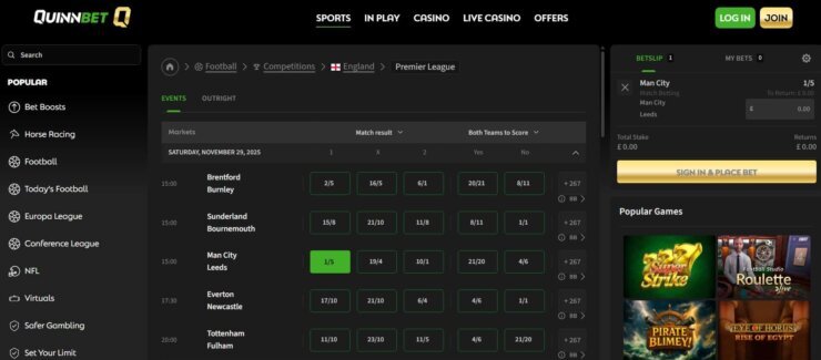 Non Gamstop odds at QuinnBet