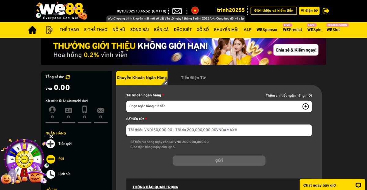 Rút tiền nhanh chóng chỉ trong vòng 10 phút tại We88