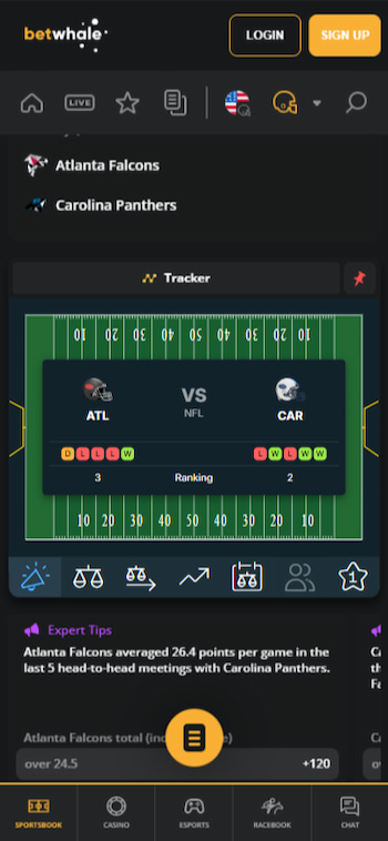 A mobile screenshot displaying a Atlanta Falcons game betting page at BetWhale - the best Georgia sports betting platform