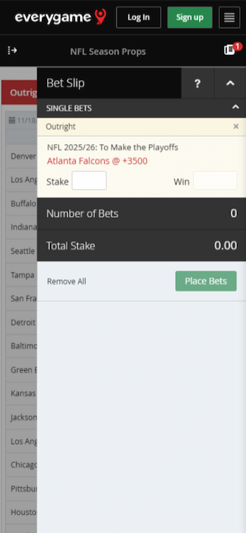 A mobile preview showing a future bets on the Falcons in the bet builder at Everygame