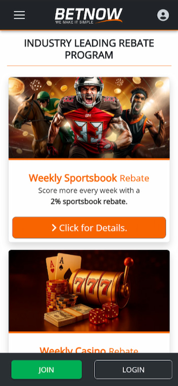 A mobile screenshot displaying the sports rebate offer at BetNow
