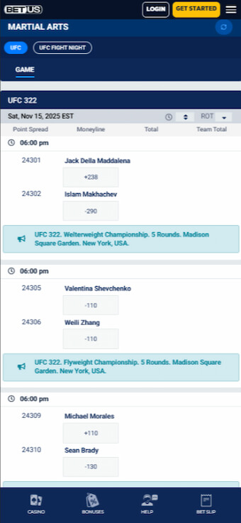 a mobile preview of the UFC section at BetUS, one of the best UFC betting sites