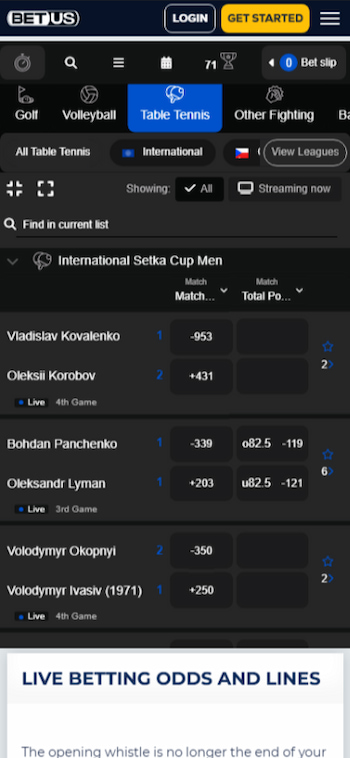 A preview of the live betting options for table tennis at BetUS