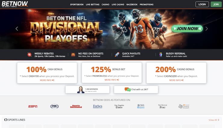 A snapshot of BetNow and its sports betting markets.