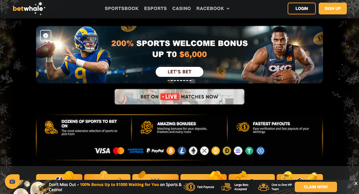 Preview of the BetWhale sportsbook homepage showcasing instant crypto payouts and bonuses on a USA fast payout betting site.
