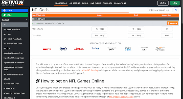 BetNow sportsbook screen displaying NFL odds and withdrawal options designed for USA fast payout betting sites.