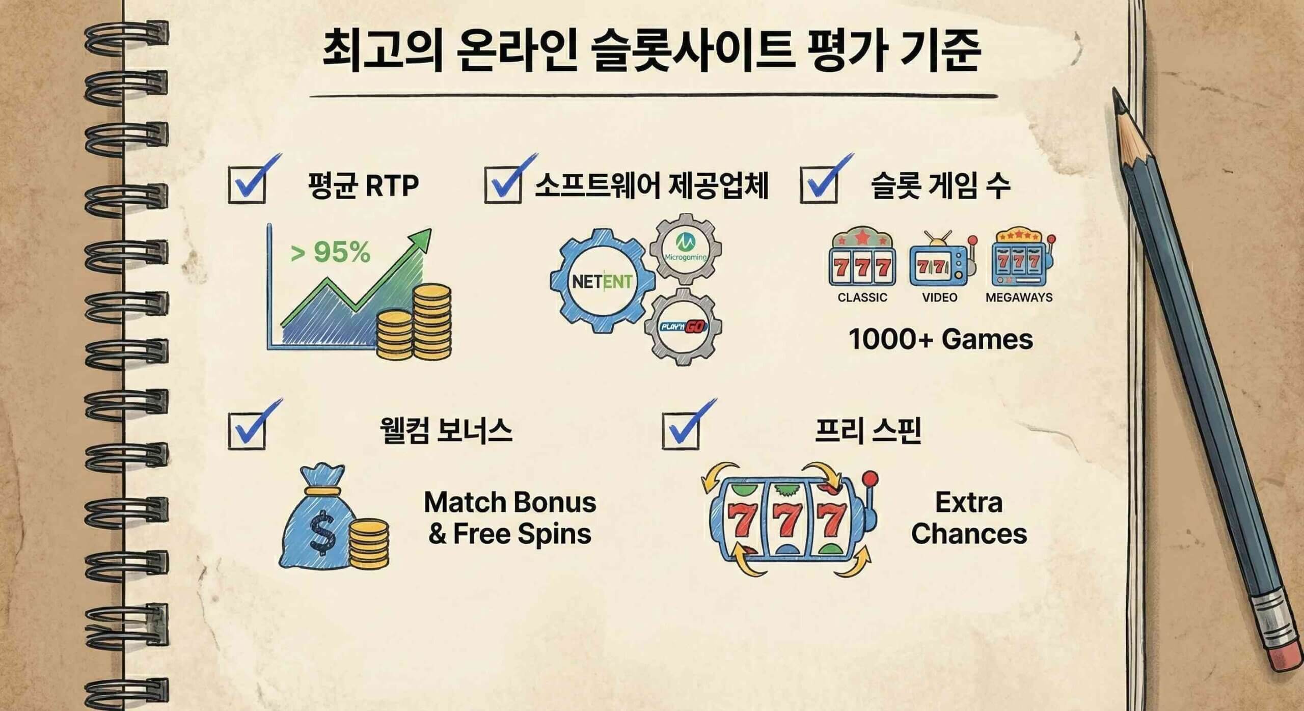 A notebook checklist illustrating the key criteria for evaluating online slot sites