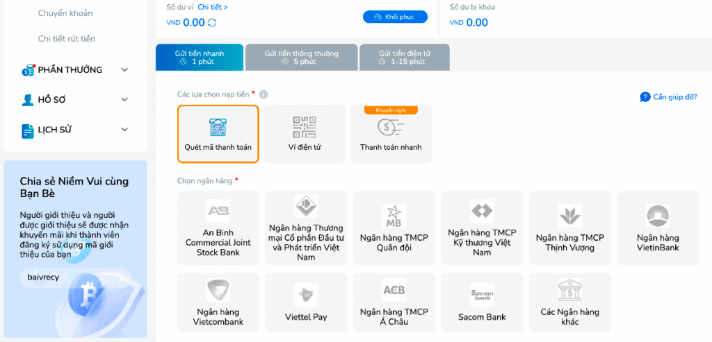 gửi tiền vào bk8