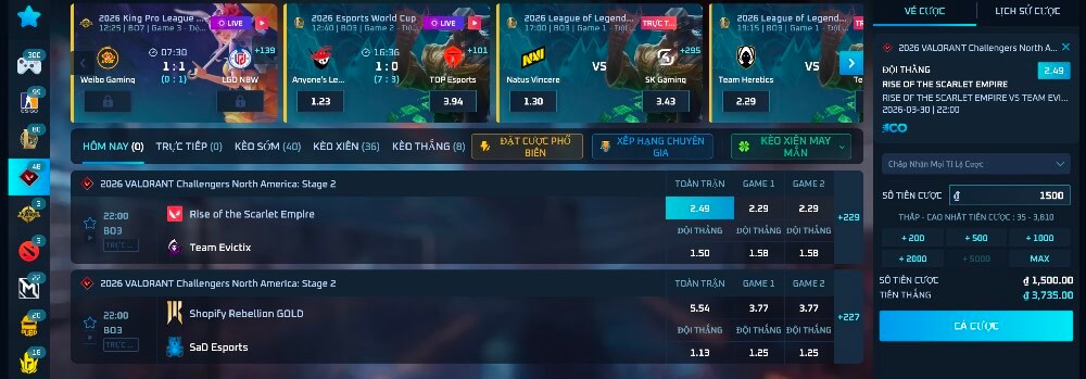 Đặt cược bằng tiền thật vào các trận đấu Esports.