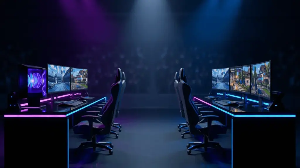 CS2 esports tournament grand final stage with dramatic competitive lighting and professional gaming setups
