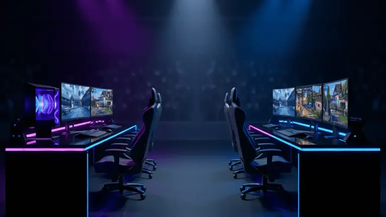 CS2 esports tournament grand final stage with dramatic competitive lighting and professional gaming setups