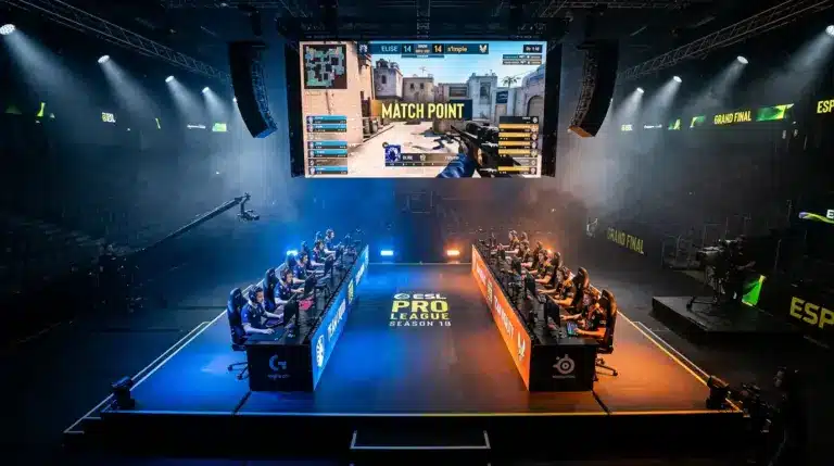 Esports arena stage with two competitive gaming setups at IEM Cologne Major CS2 tournament