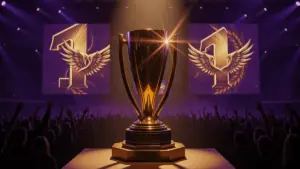 Falcons Esports championship trophy with dramatic arena lighting celebrating HLTV number one ranking